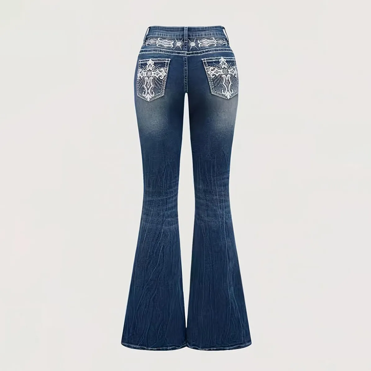 Women's High Waist Flared Jeans with Rhinestone Pocket Embroidery Design