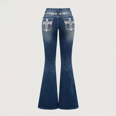 Women's High Waist Flared Jeans with Rhinestone Pocket Embroidery Design