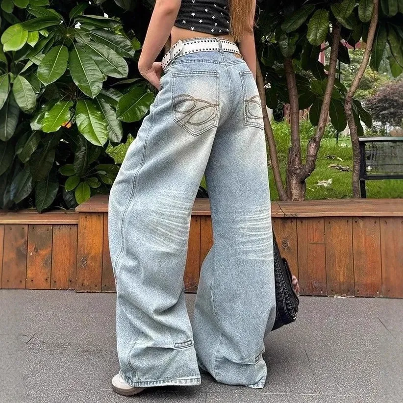 Women Casual Embroidered Pocket Washed Straight High Waist Buckle Jeans