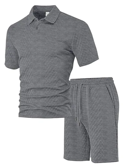 Men Fashion Casual Solid Color Jacquard Plaid Lapel Short-Sleeve T-Shirt Drawstring Shorts Two-Piece Set