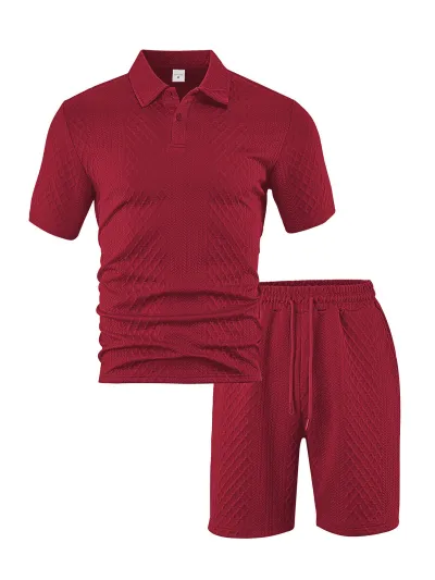 Men Fashion Casual Solid Color Jacquard Plaid Lapel Short-Sleeve T-Shirt Drawstring Shorts Two-Piece Set
