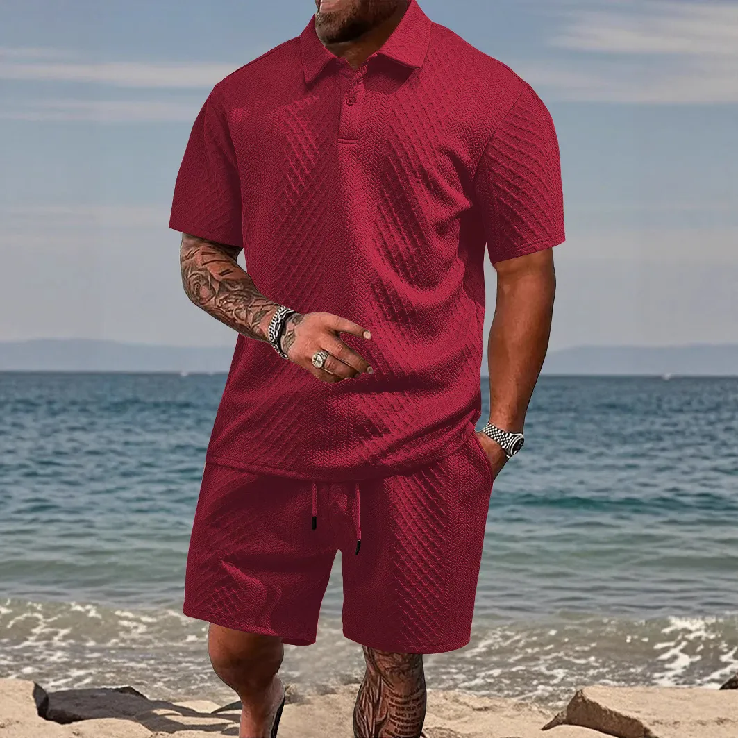 Men Fashion Casual Solid Color Jacquard Plaid Lapel Short-Sleeve T-Shirt Drawstring Shorts Two-Piece Set