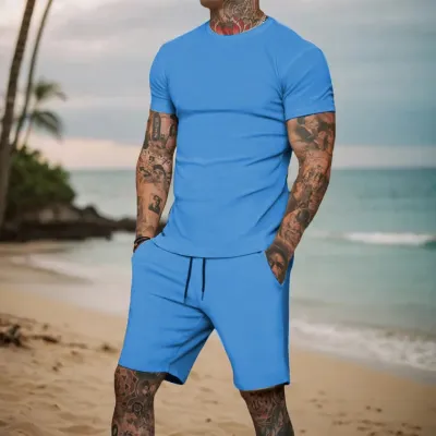MenS Fashion Casual Simple Solid Color Short Sleeve T-Shirt Drawstring Shorts Two-Piece Set