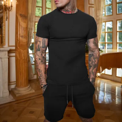 Men's Fashion Casual Solid Color Short Sleeve T-Shirt and Drawstring Shorts Two-Piece Set
