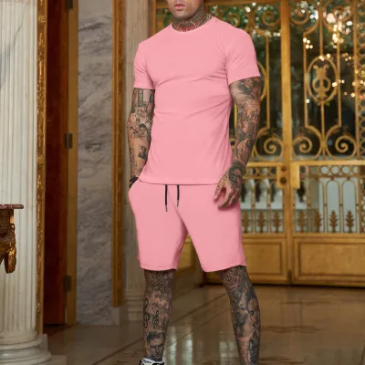 Men's Fashion Casual Solid Color Short Sleeve T-Shirt and Drawstring Shorts Two-Piece Set