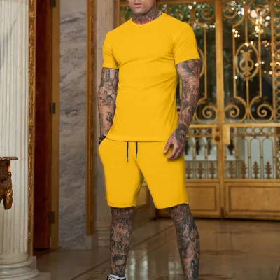 Men's Fashion Casual Solid Color Short Sleeve T-Shirt and Drawstring Shorts Two-Piece Set
