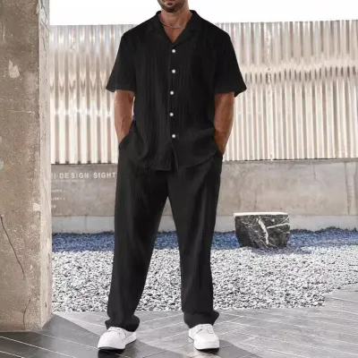 Men Fashion Casual Solid Color Lapel Short-Sleeve Shirt Loose Pants Two-Piece Set