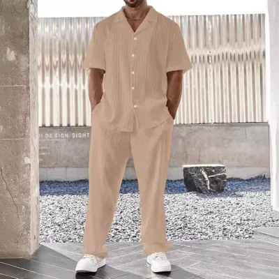 Men Fashion Casual Solid Color Lapel Short-Sleeve Shirt Loose Pants Two-Piece Set