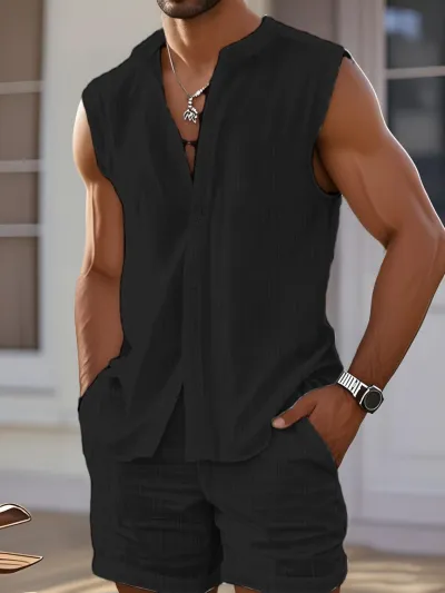 Men's Fashion Casual Solid Color Sleeveless Vest Shorts Two-Piece Set