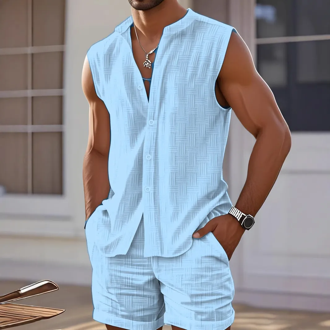 Men's Fashion Casual Solid Color Sleeveless Vest Shorts Two-Piece Set