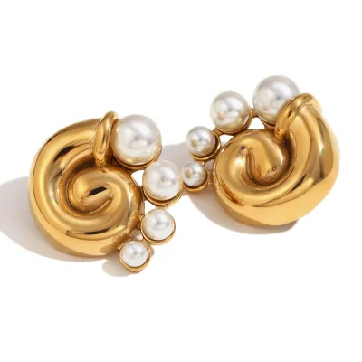 Women's Exaggerated Vintage Elegant Stainless Steel Plated 18k Gold Cast Thread Whirlpool Pearl Earrings
