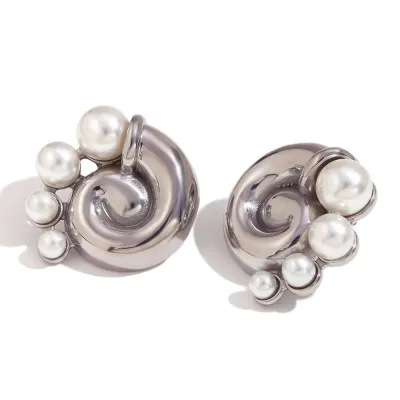 Women's Exaggerated Vintage Elegant Stainless Steel Plated 18k Gold Cast Thread Whirlpool Pearl Earrings