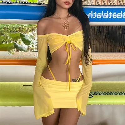 Women Sexy Solid Color Off-Shoulder Long-Sleeve Crop Top Slim-Fit Skirt Two-Piece Set