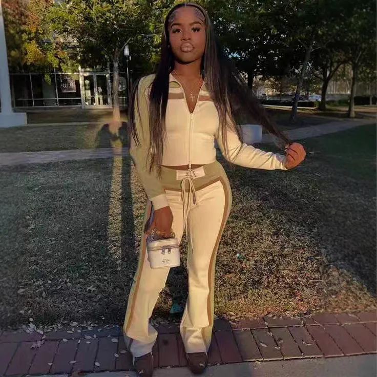 Women Casual Color-Matching Long-Sleeve Cardigan Drawstring Pants Set