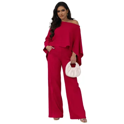 Women Fashion Casual Solid Color Irregular Bat Sleeve Loose Top Wide Leg Pants Two-Piece Set
