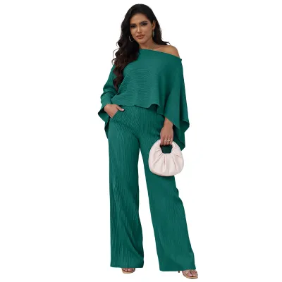 Women Fashion Casual Solid Color Irregular Bat Sleeve Loose Top Wide Leg Pants Two-Piece Set