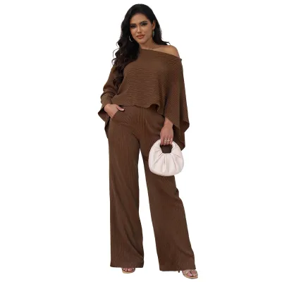 Women Fashion Casual Solid Color Irregular Bat Sleeve Loose Top Wide Leg Pants Two-Piece Set