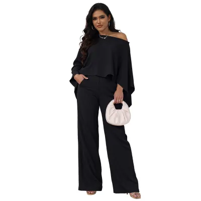 Women Fashion Casual Solid Color Irregular Bat Sleeve Loose Top Wide Leg Pants Two-Piece Set