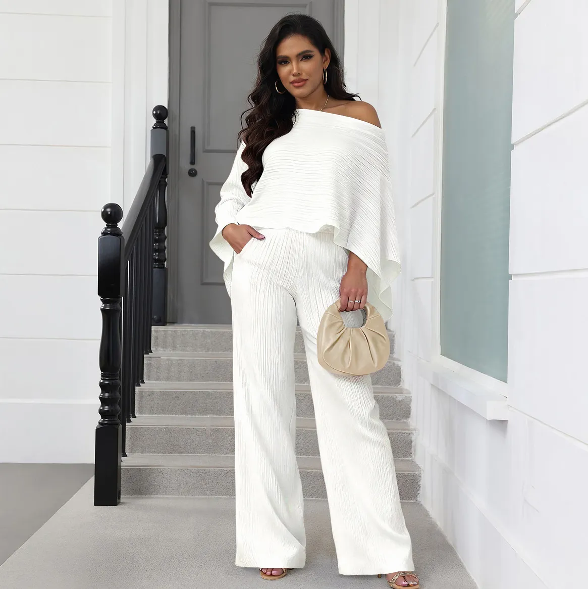 Women Fashion Casual Solid Color Irregular Bat Sleeve Loose Top Wide Leg Pants Two-Piece Set