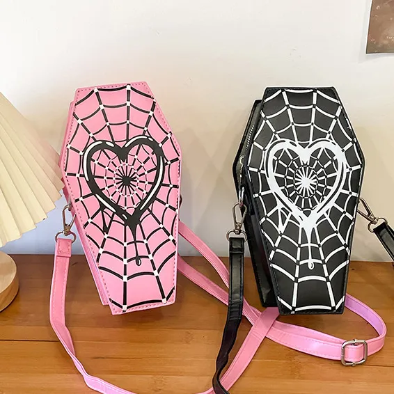 Women Fashion Gothic Spider Web PU Crossbody Bag with Zipper