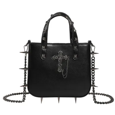 Women Fashion Gothic Rivet Skull Cross Decorative PU Handbag Medium