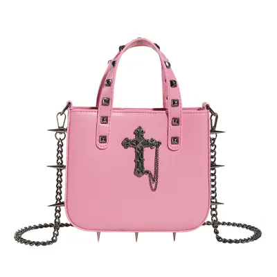 Women Fashion Gothic Rivet Skull Cross Decorative PU Handbag Medium