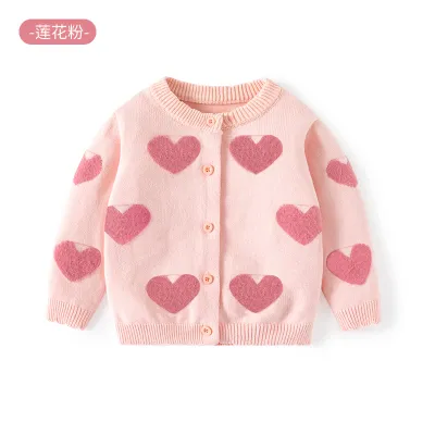 Soft Heart Combed Cotton Toddler Girls Knitted Sweater Cardigan Crewneck Long Sleeve Sweet