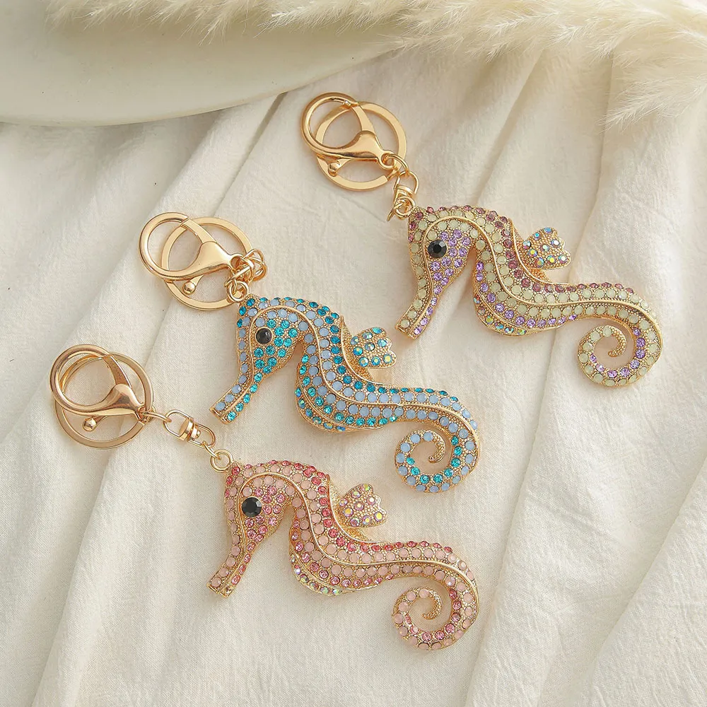 Fashion Creative Cute Metal Rhinestone Seahorse Keychain Pendant