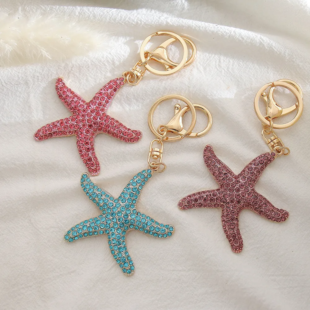 Fashion Cartoon Cute Metal Rhinestone Starfish Pendant Keychain