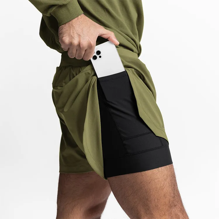 Men Fashion Casual Fake Two-Piece Multi Pocket Sports Shorts with Liner
