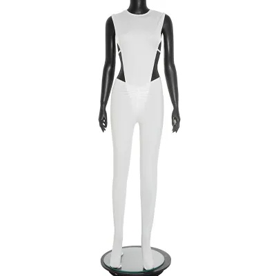 Women Sexy Round Neck Inverted Triangle Cut Out Bodysuit Pleated Leggings Set