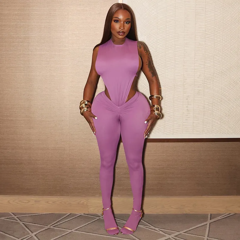 Women Sexy Round Neck Inverted Triangle Cut Out Bodysuit Pleated Leggings Set