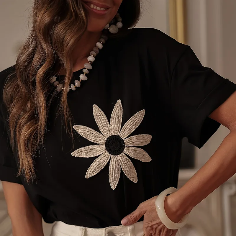 Three-Dimensional Embroidered Floral Street Style Breathable Round Neck Short-Sleeved T-Shirt