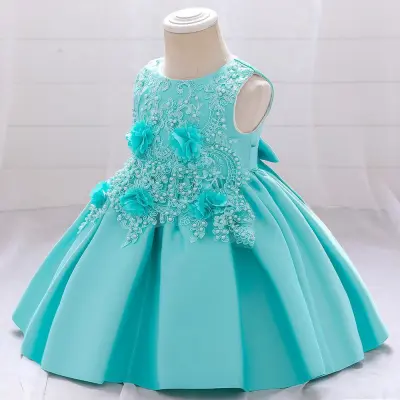 Kids Baby Girls Fashion Elegant Solid Color Satin Lace Flower Party Dress with Cotton Blend