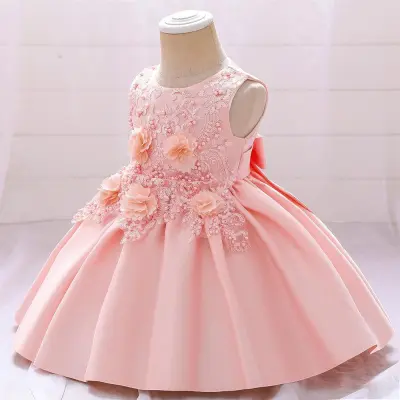 Kids Baby Girls Fashion Elegant Solid Color Satin Lace Flower Party Dress with Cotton Blend