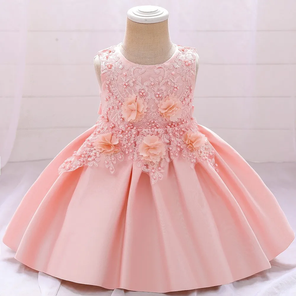 Kids Baby Girls Fashion Elegant Solid Color Satin Lace Flower Party Dress with Cotton Blend