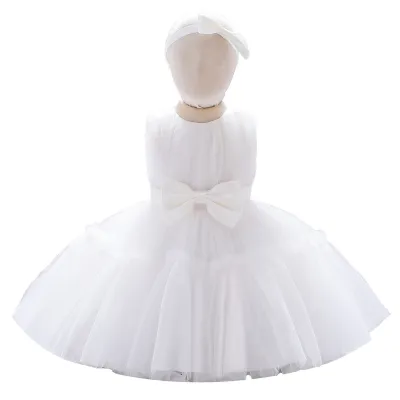 Kids Baby Girls Fashion Elegant Solid Color Bowknot Mesh Puffy Sleeveless Princess Dress