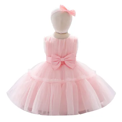 Kids Baby Girls Fashion Elegant Solid Color Bowknot Mesh Puffy Sleeveless Princess Dress