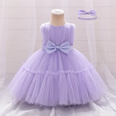 Kids Baby Girls Fashion Elegant Solid Color Bowknot Mesh Puffy Sleeveless Princess Dress