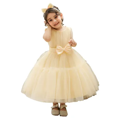 Kids Baby Girls Fashion Elegant Solid Color Bowknot Mesh Puffy Sleeveless Princess Dress