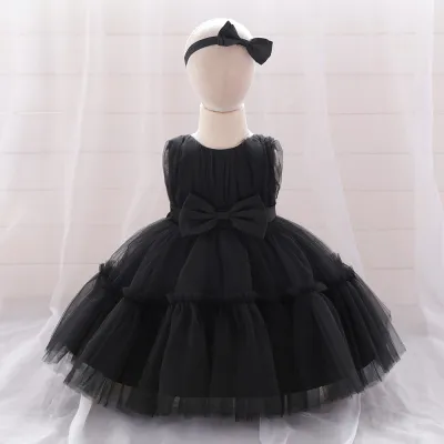 Kids Baby Girls Fashion Elegant Solid Color Bowknot Mesh Puffy Sleeveless Princess Dress