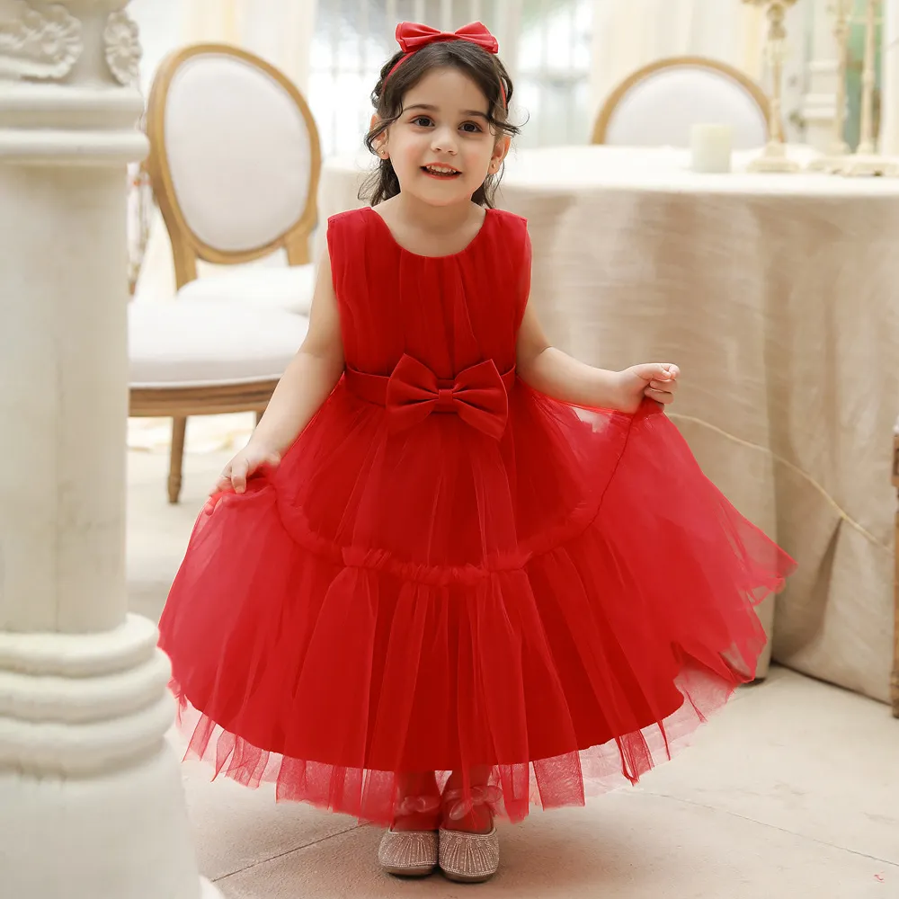 Kids Baby Girls Fashion Elegant Solid Color Bowknot Mesh Puffy Sleeveless Princess Dress