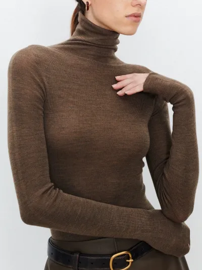 Women Autumn Winter Solid Color High Collar Long-Sleeve Knitted Wool Slim-Fit Sweater
