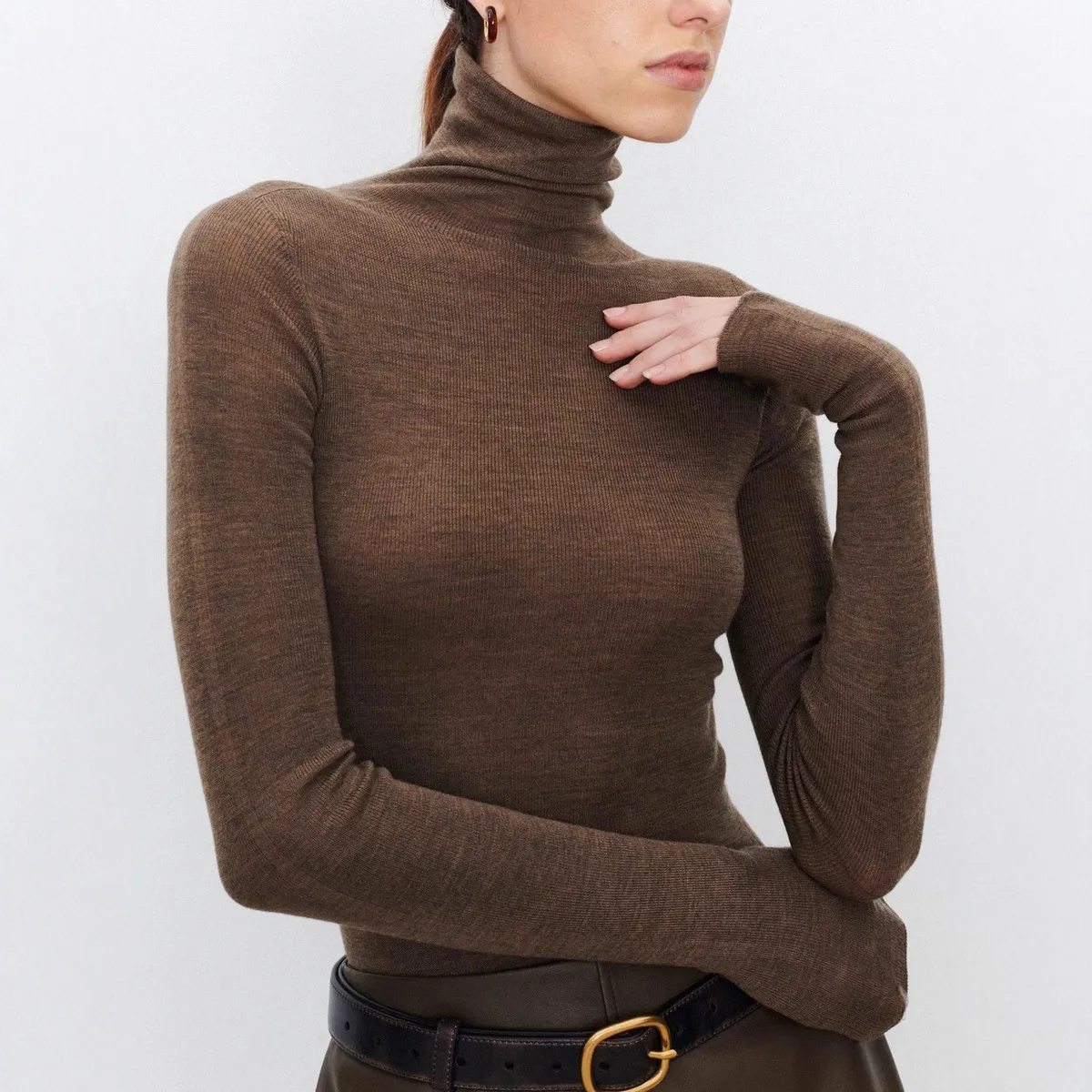 Women Autumn Winter Solid Color High Collar Long-Sleeve Knitted Wool Slim-Fit Sweater
