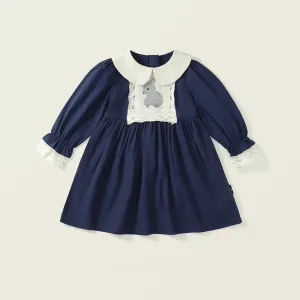 Kids Girls Rabbit Embroidered Lapel Long Sleeve A-Line Dress