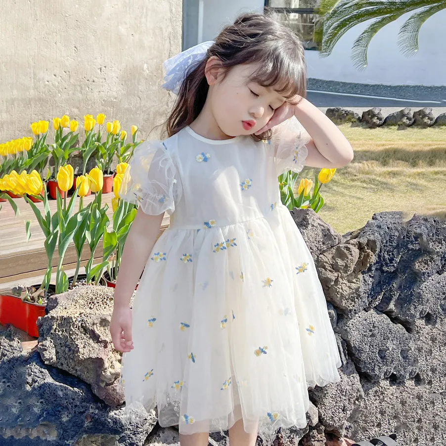 Kids Girls Embroidered Puff Mesh Short-Sleeve A-Line Dress Cotton 70%