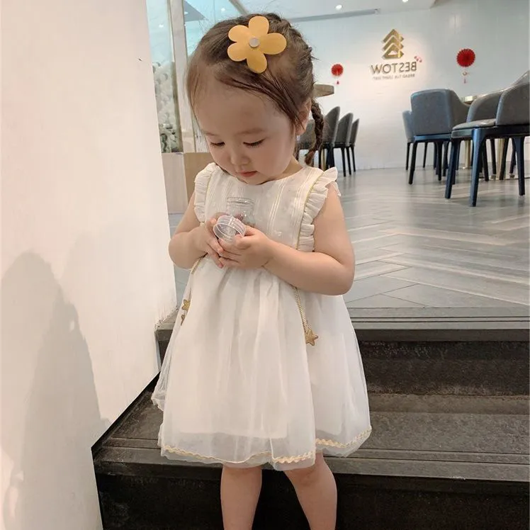 Kids Girls Clothing Fashion Puffy Mesh Stitching Sleeveless A-Line Cotton Dress