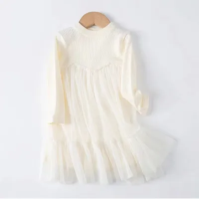 Kids Girls Fashion Autumn Solid Color Mesh Stitching Long Sleeve Loose Dress