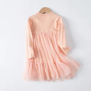 Kids Girls Fashion Autumn Solid Color Mesh Stitching Long Sleeve Loose Dress