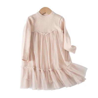 Kids Girls Fashion Autumn Solid Color Mesh Stitching Long Sleeve Loose Dress